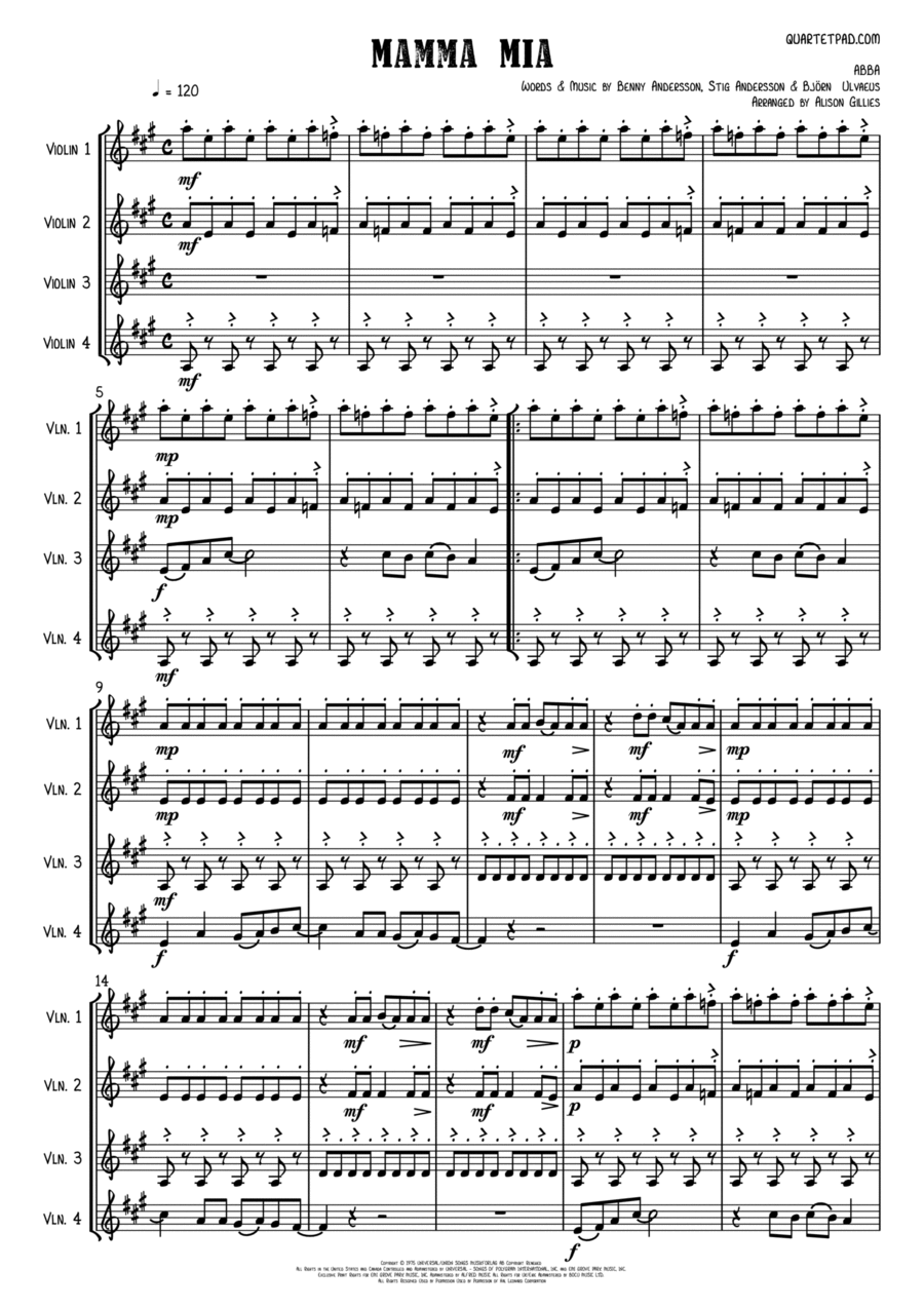 Mamma Mia Mamma Mia String Quartet scores gallery preview page 1
