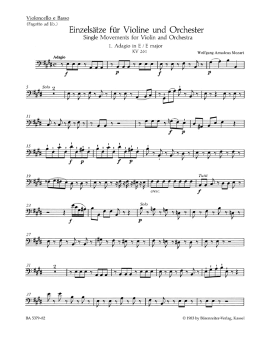 Einzelsatze for Violin and Orchestra KV 261, 269 (261a), 373 Double Bass scores gallery preview page 1