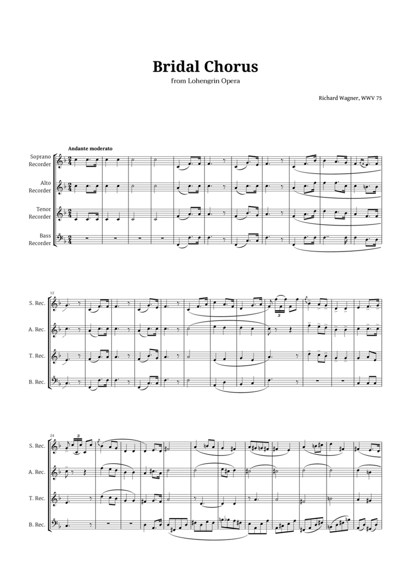 Bridal Chorus by Wagner for Recorder Quartet image number null