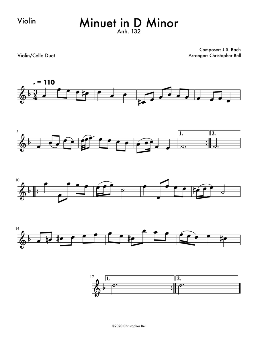 Minuet in D Minor (Anh 132) Violin/Cello Duet String Duet scores gallery preview page 2