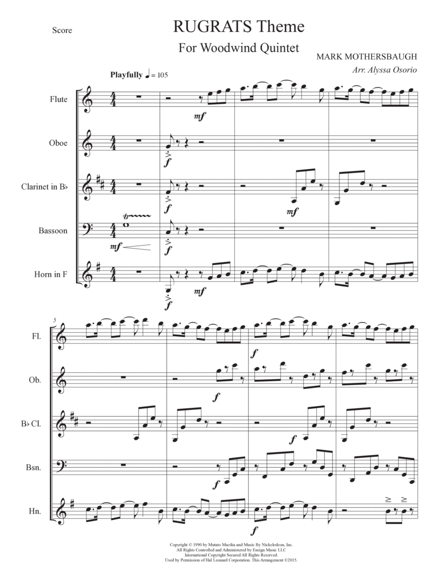 Rugrats Theme (t.v.) Woodwind Quintet scores gallery preview page 1