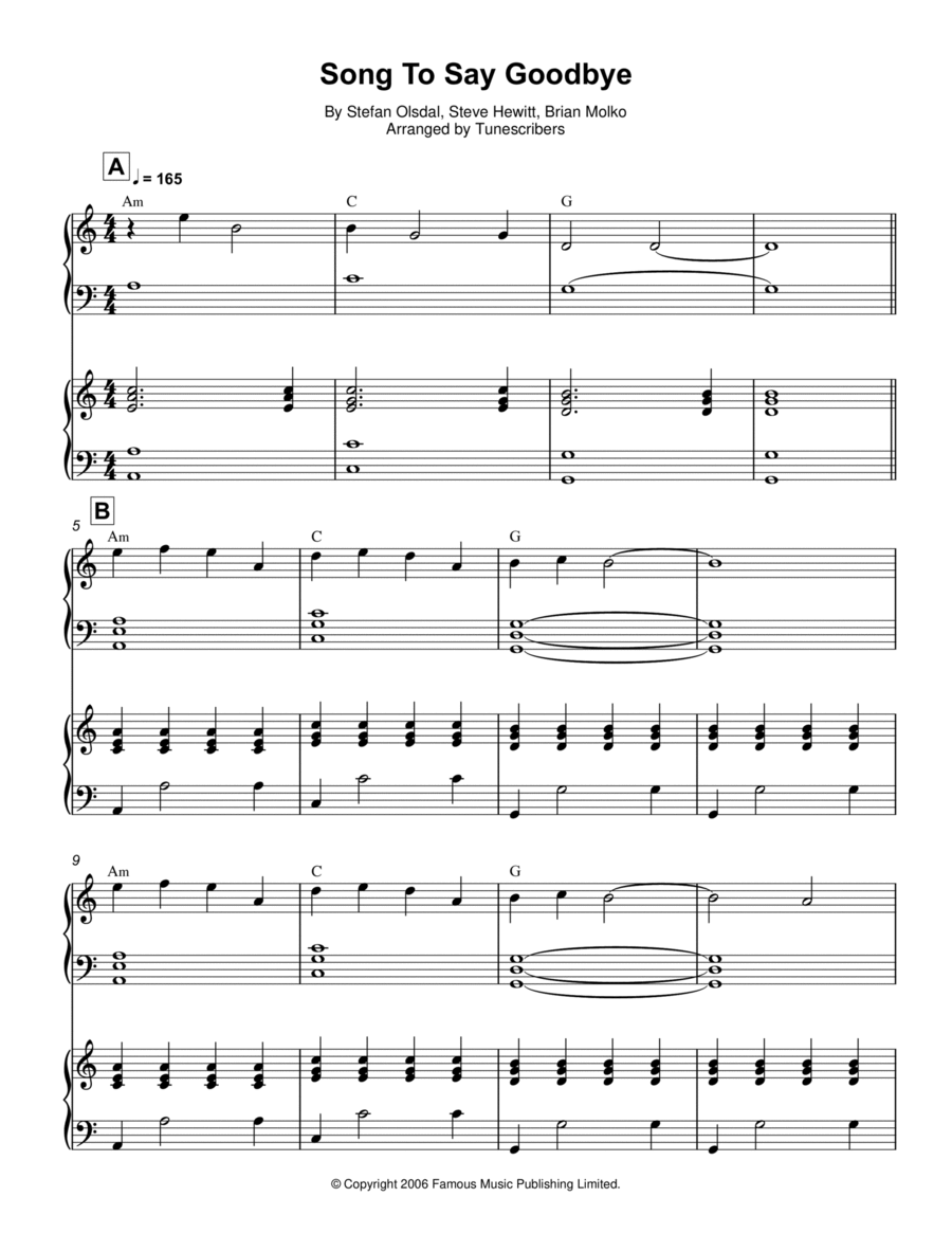 Song To Say Goodbye Piano Solo scores gallery preview page 1