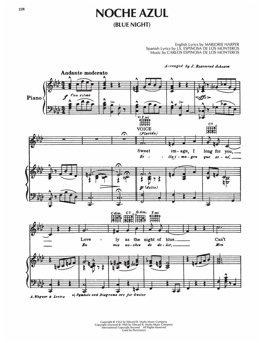 Noche Azul (Blue Night) Piano, Vocal, Guitar scores gallery preview page 1