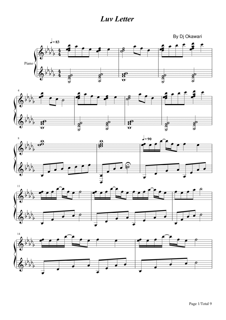 Luv Letter,Piano Solo Sheet,B Flat,Dj Okawari Piano Solo scores gallery preview page 1
