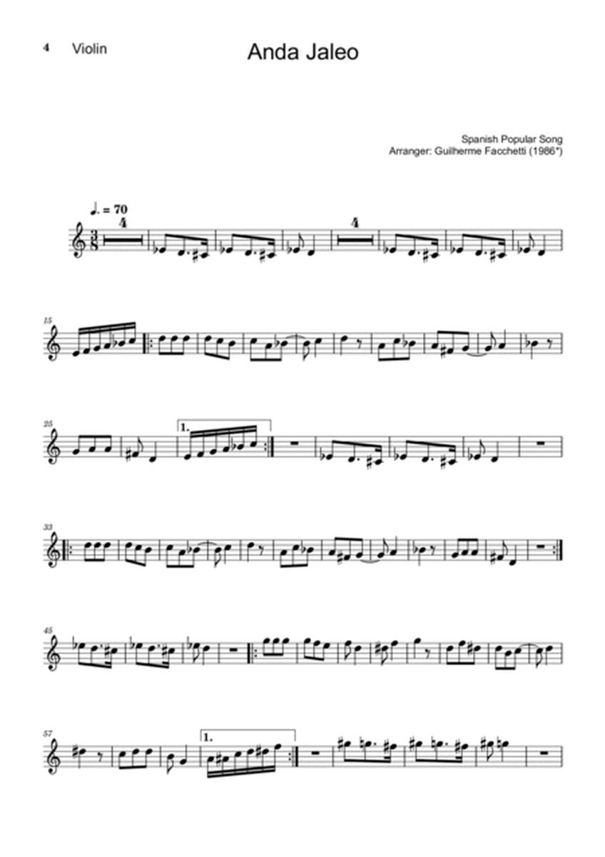 Spanish Popular Song - Anda Jaleo. Arrangement for Violin and Classical Guitar. Score and Parts image number null