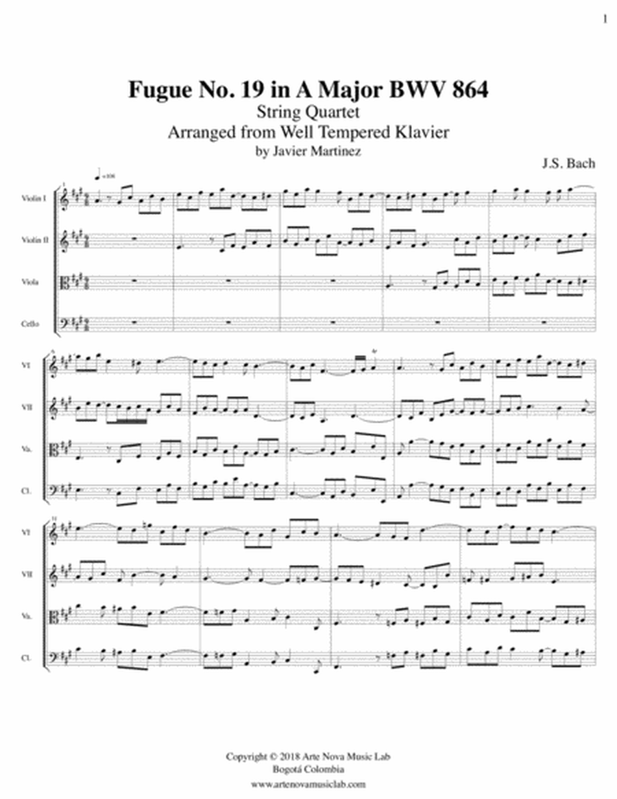 Fugue No 19 in A major BWV 864 - String Quartet image number null