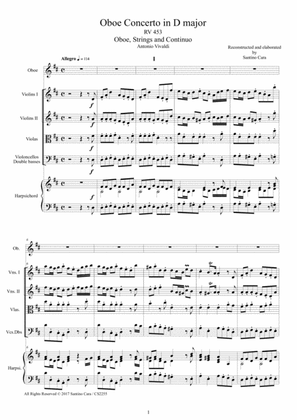 Vivaldi - Oboe Concerto in D major RV 453 for Oboe, Strings and Continuo - Score and Parts