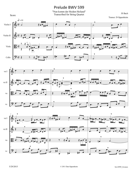 Bach: Prelude "Nun komm der Heiden Heiland" BWV 599 arr. for String Quartet image number null