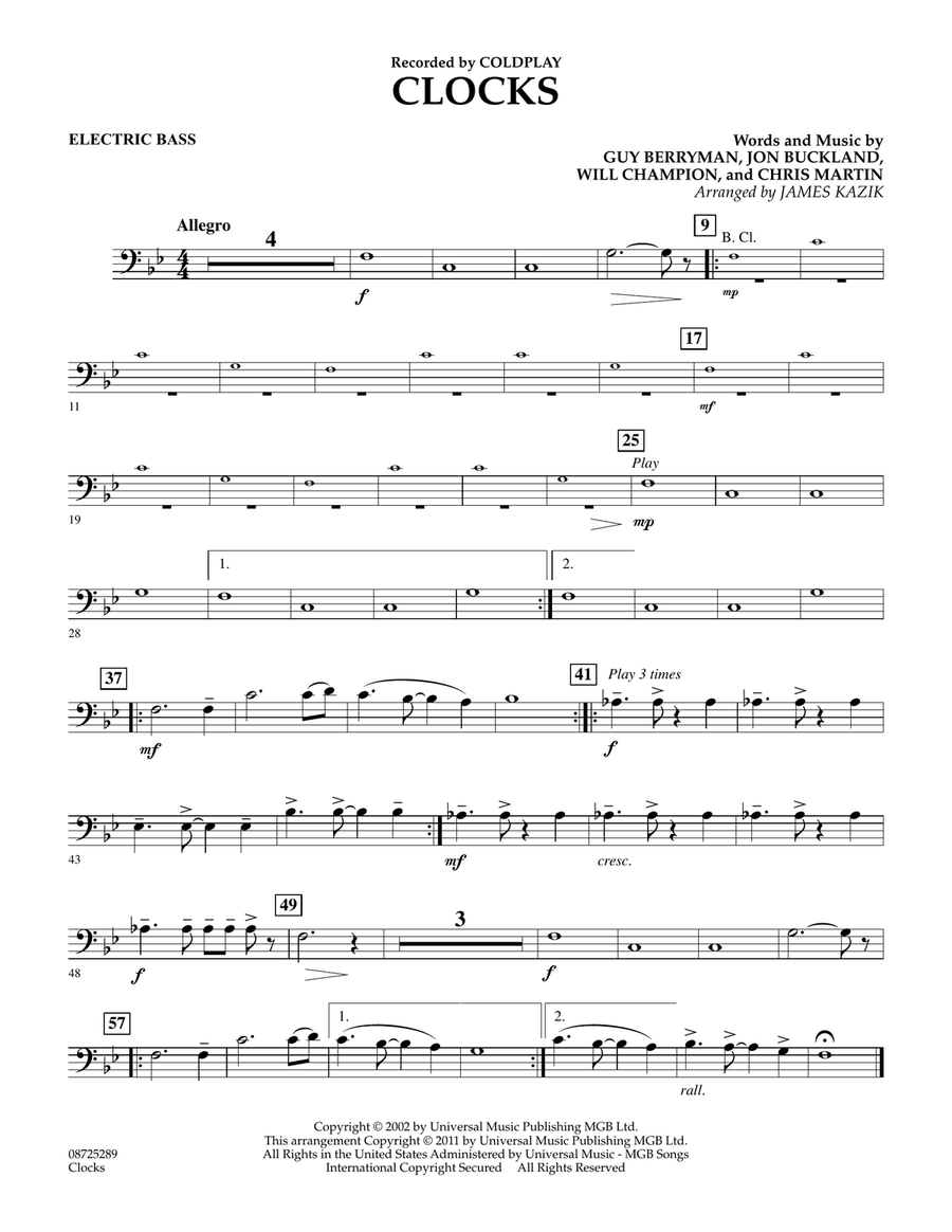 Clocks - Electric Bass Concert Band scores gallery preview page 1