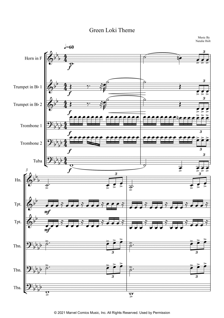 Loki Green Theme Brass Ensemble scores gallery preview page 1