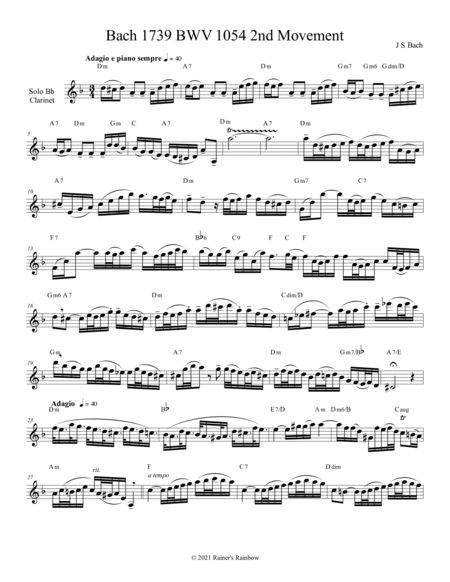 Bach 1739 BWV 1054 For Clarinet Quartet Parts & Score