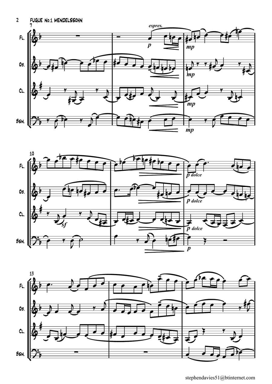 'Fugue No.1 From 6 Preludes & Fugues Op.35' by Felix Mendelssohn-Bartholdy for Woodwind Quartet. Woodwind Quartet scores gallery preview page 2