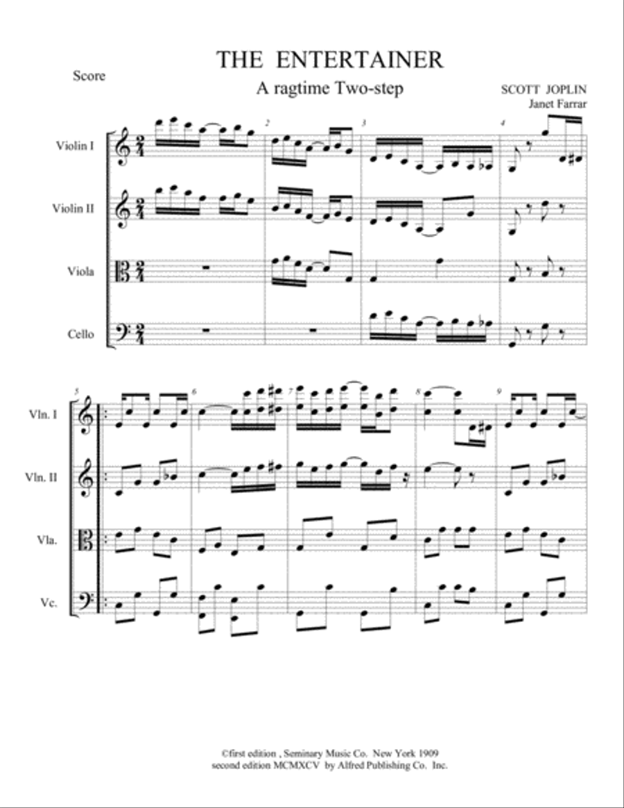The Entertainer by Scott Joplin written in 1909. String Quartet scores gallery preview page 1