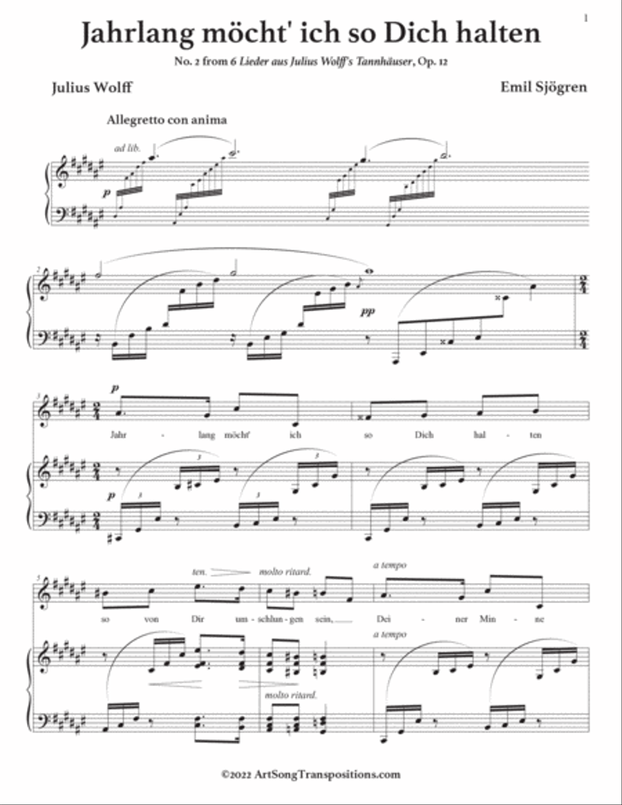 SJÖGREN: Jahrlang möcht' ich so Dich halten, Op. 12 no. 2 (transposed to F-sharp major) Voice scores gallery preview page 2