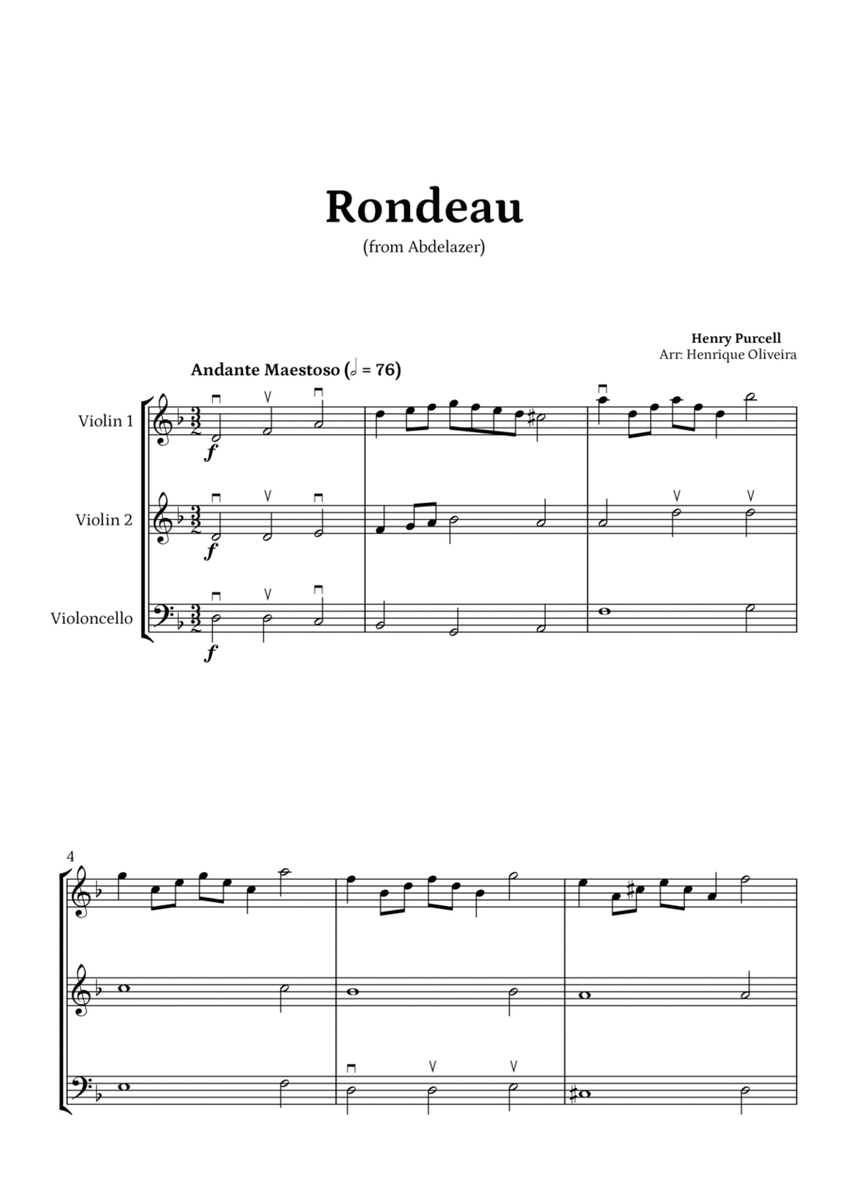 Rondeau from "Abdelazer Suite" by Henry Purcell - For Two Violins and Cello image number null