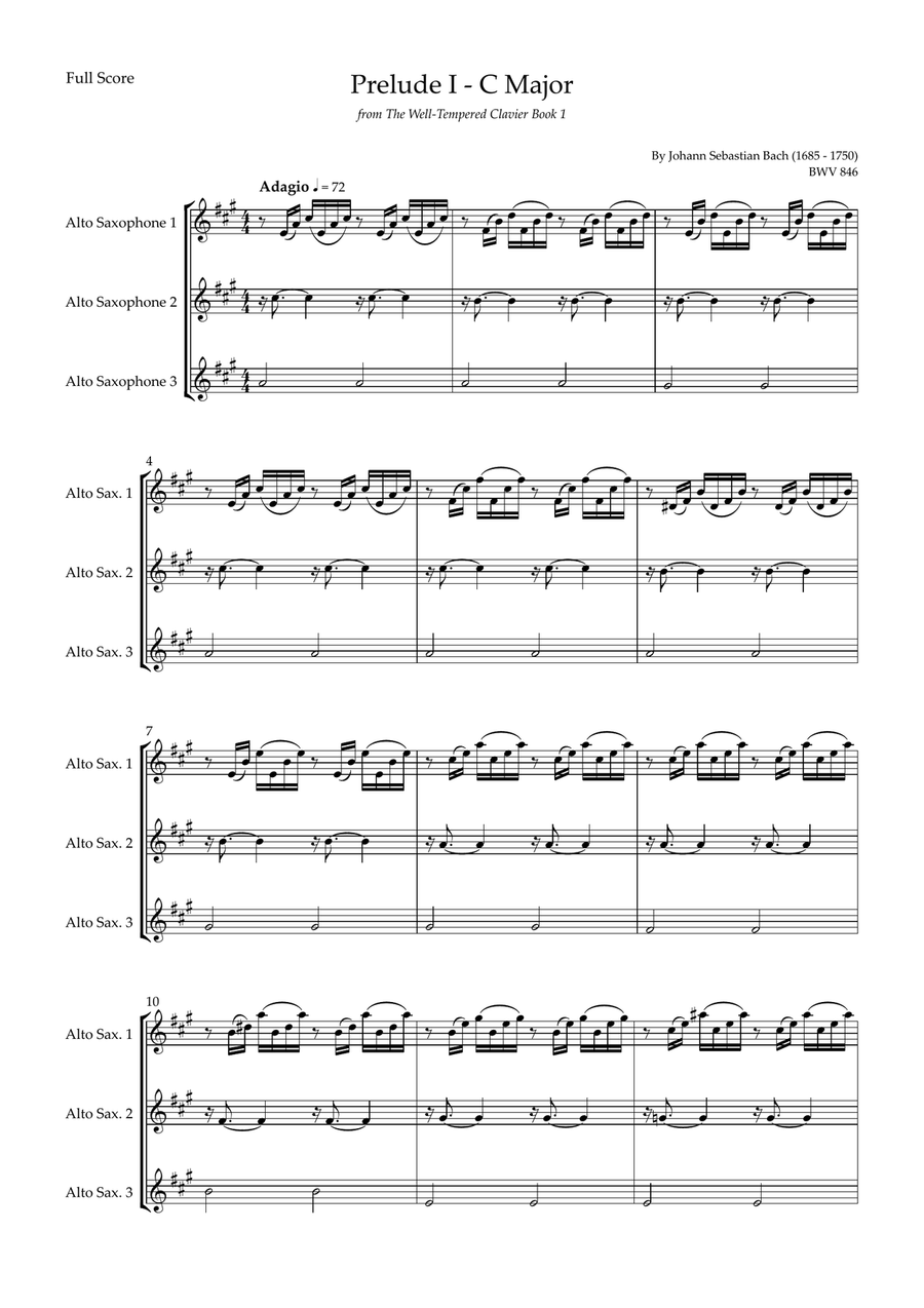 Prelude 1 in C Major BWV 846 (from Well-Tempered Clavier Book 1) for Alto Saxophone Trio