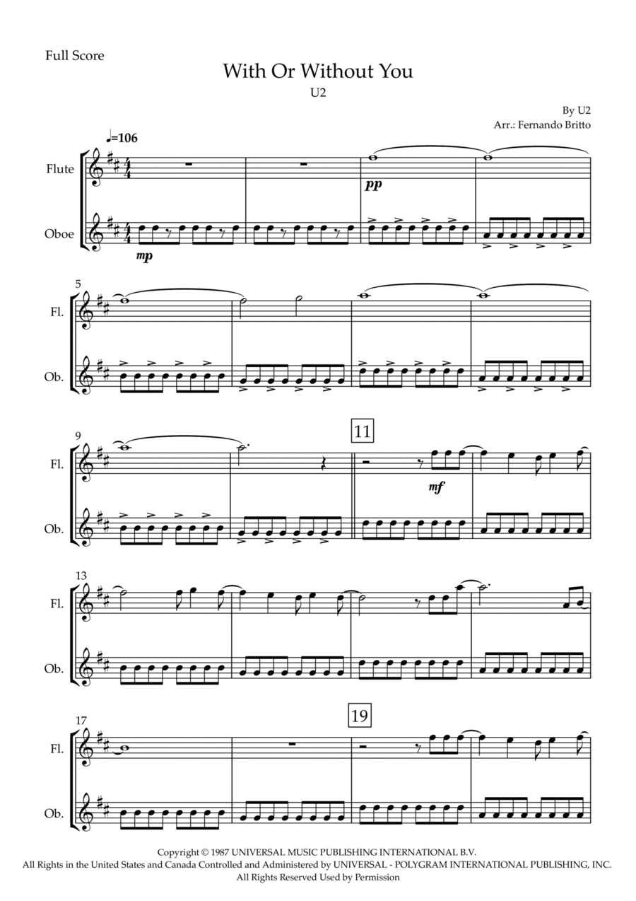 With Or Without You Woodwind Duet scores gallery preview page 1