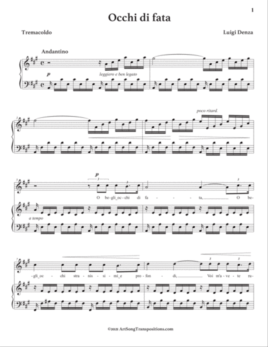 DENZA: Occhi di fata (transposed to A major) Voice scores gallery preview page 2