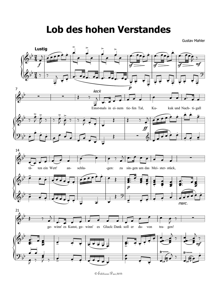 Lob des hohen Verstandes, by Mahler, in B flat Major Piano, Vocal scores gallery preview page 3