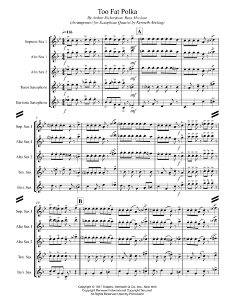 Too Fat Polka (she's Too Fat For Me) Saxophone Quartet scores gallery preview page 2