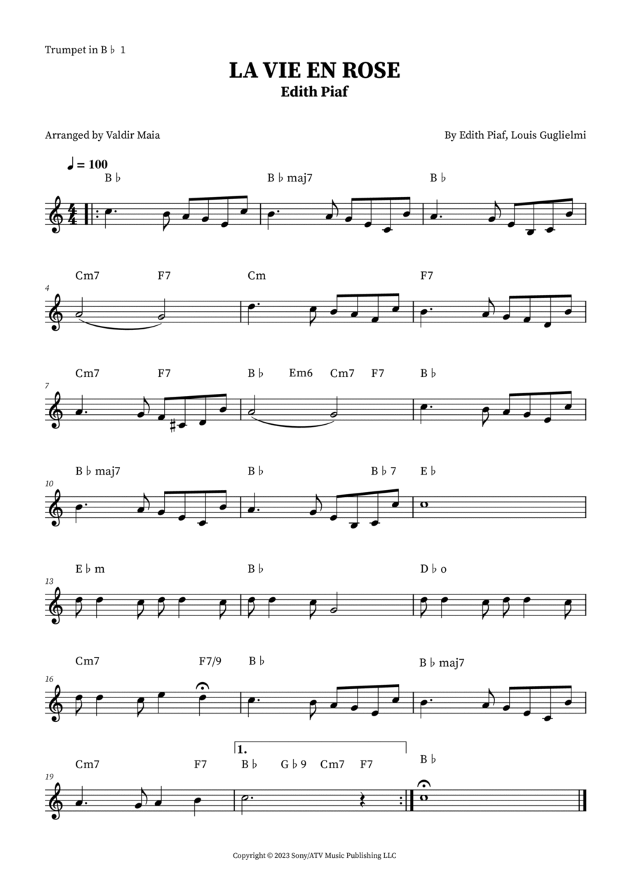 La Vie En Rose B-Flat Trumpet scores gallery preview page 1