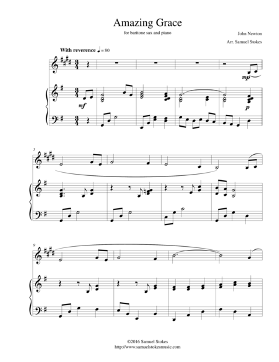 Amazing Grace - for baritone sax and piano Baritone Saxophone scores gallery preview page 1