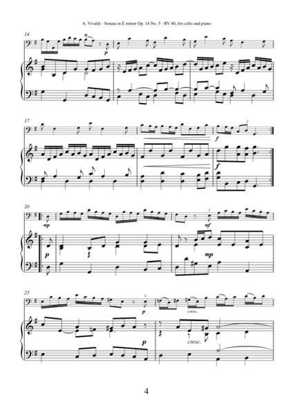 Sonata in E minor Op.14 No.5 by Antonio Vivaldi for cello and piano
