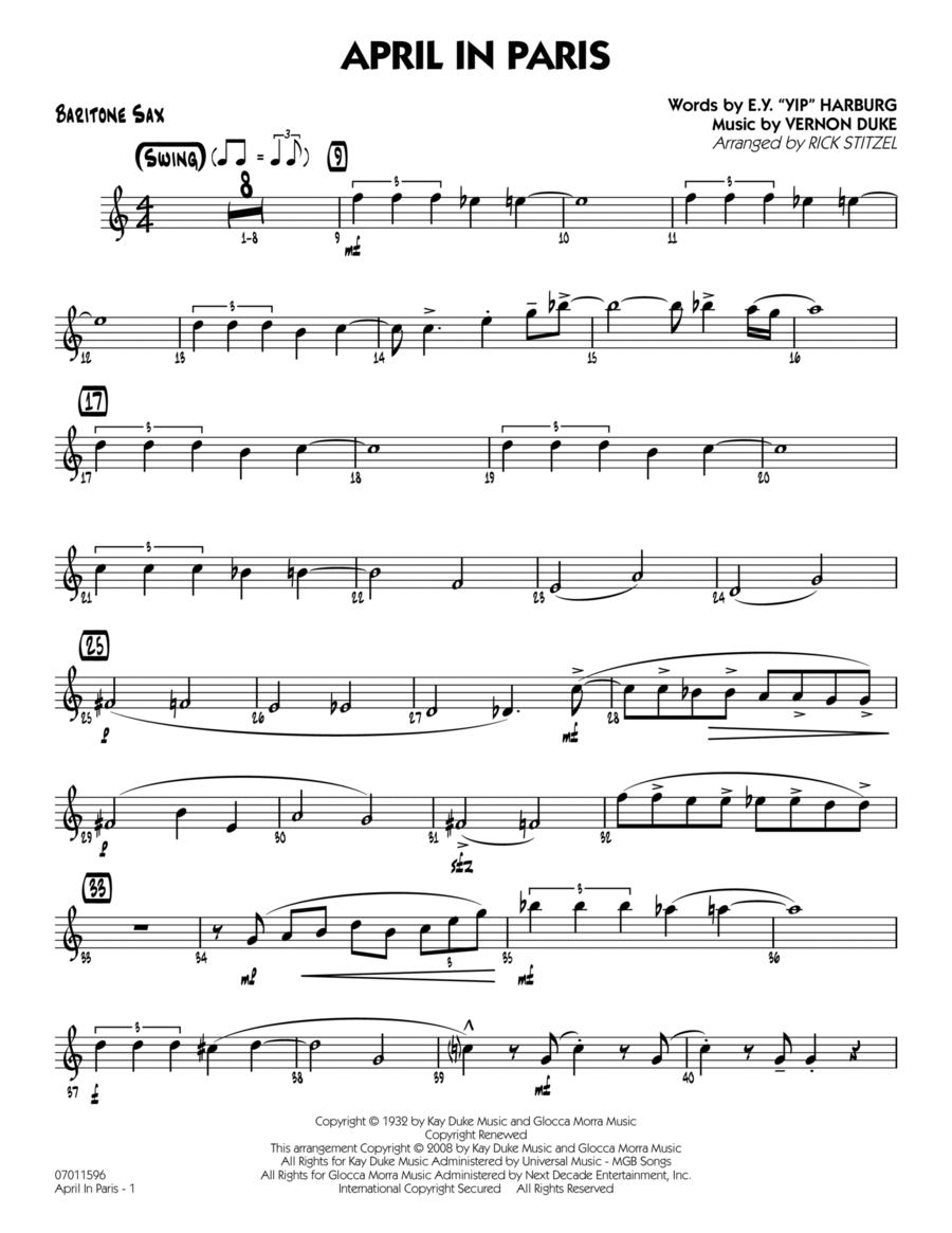 April in Paris - Baritone Sax Jazz Ensemble scores gallery preview page 1