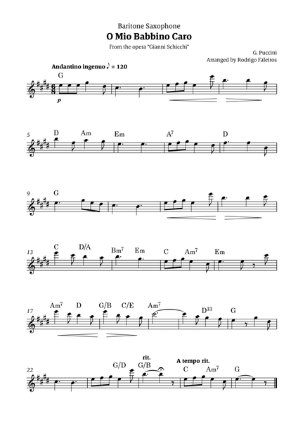 O Mio Babbino Caro - for baritone sax solo (with chords) image number null