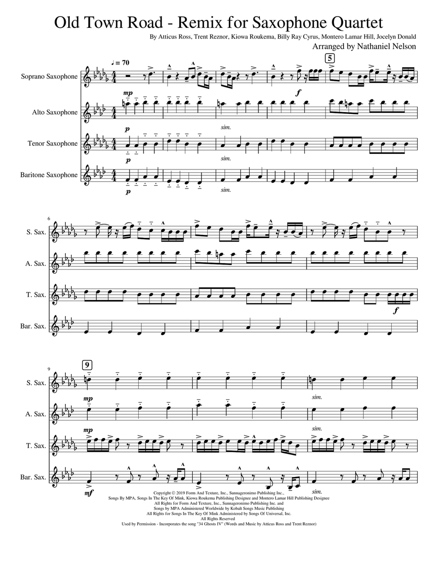 Old Town Road (remix) Woodwind Quartet scores gallery preview page 1