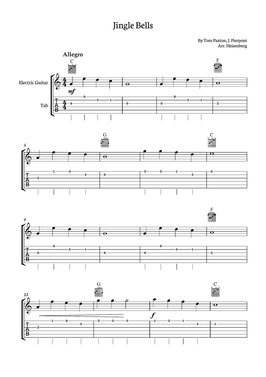 Jingle Bells for Electric Guitar with chords Electric Guitar scores gallery preview page 1