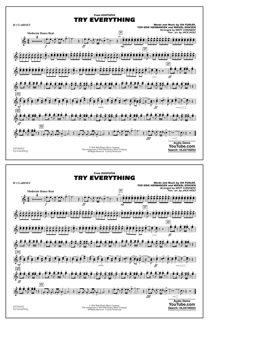 Try Everything (from Zootopia) - Bb Clarinet
