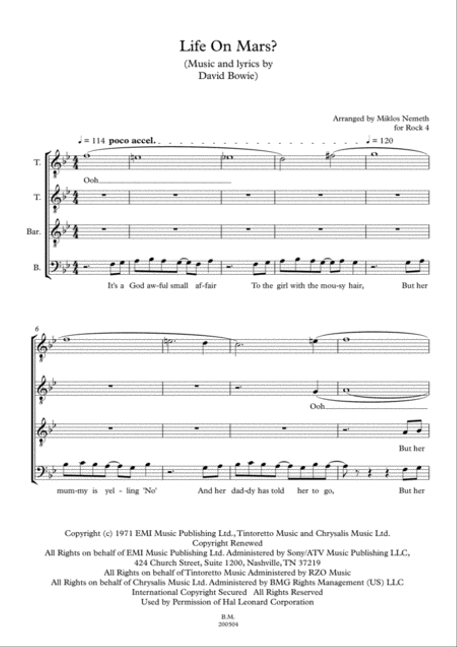 Life On Mars TTBB scores gallery preview page 1