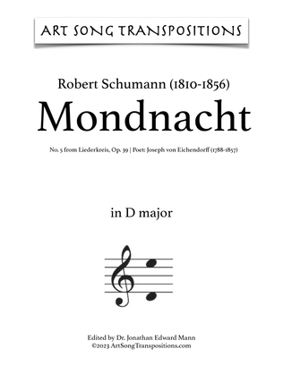 Book cover for SCHUMANN: Mondnacht, Op. 39 no. 5 (transposed to D major, D-flat major, and C major)