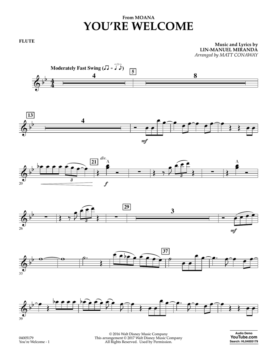 You're Welcome (from Moana) (arr. Matt Conaway) - Flute Concert Band scores gallery preview page 1