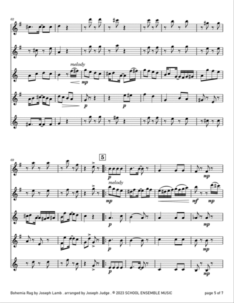 Bohemia Rag by Joseph Lamb for Saxophone Quartet in Schools image number null