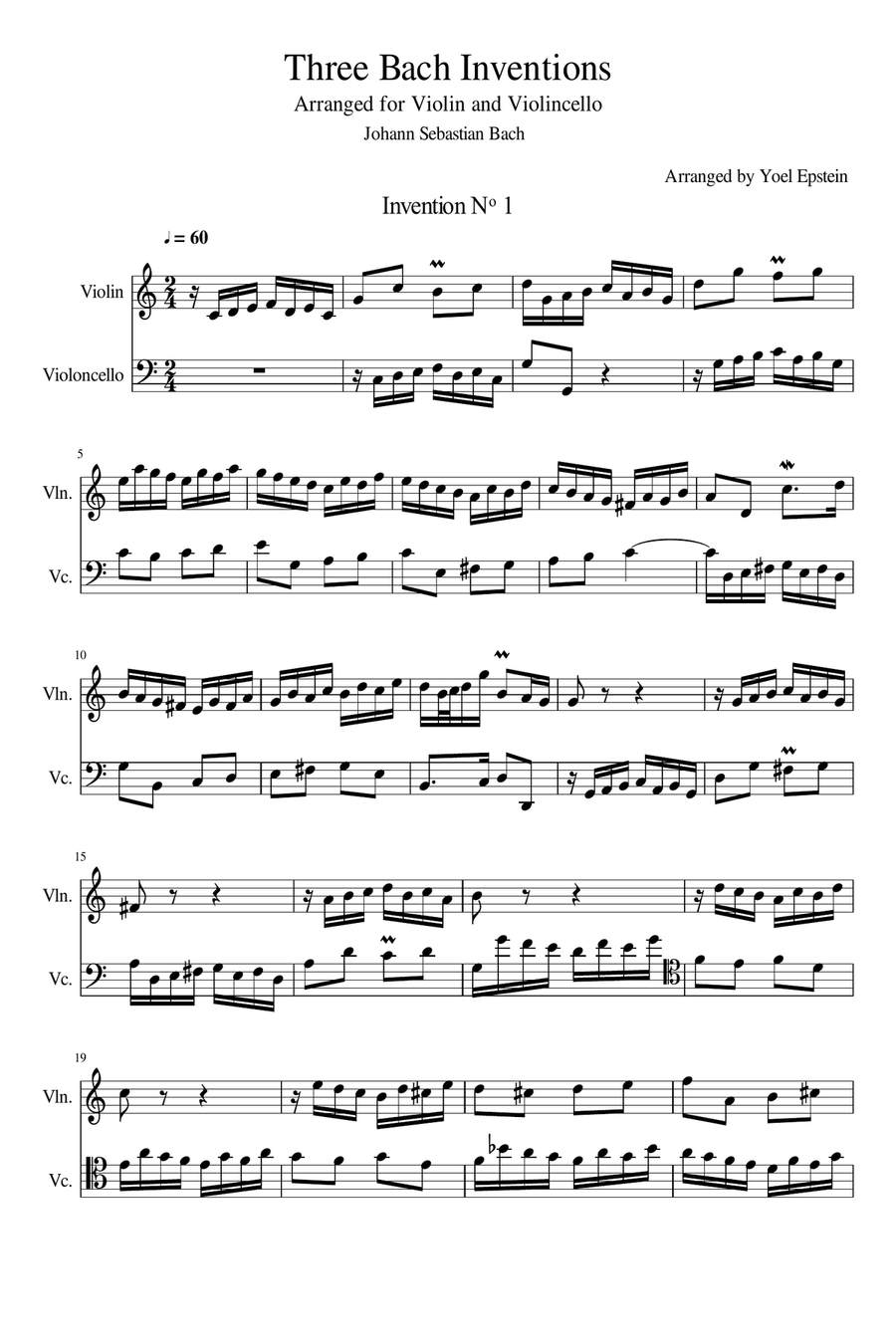 Three 2-part Inventions by Bach, arranged for violin and cello String Duet scores gallery preview page 3