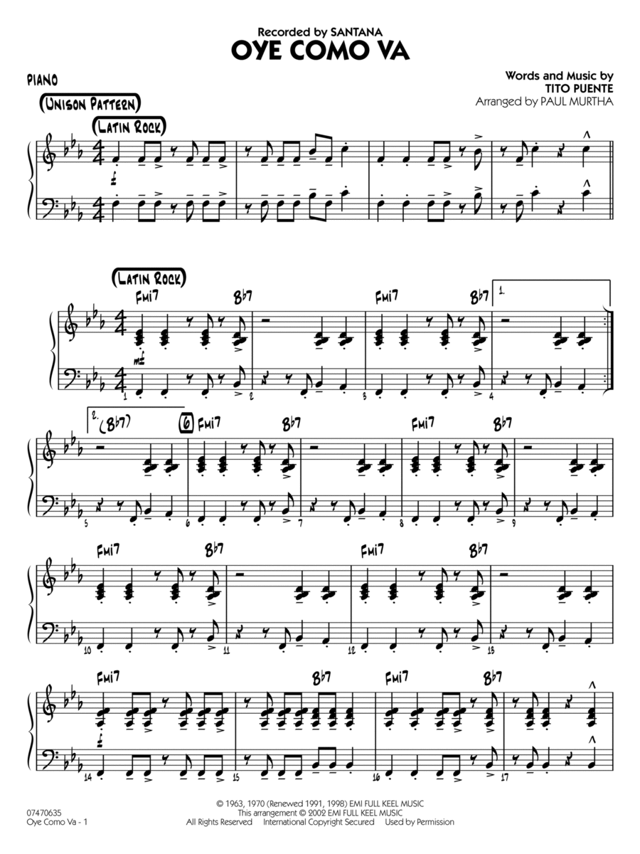 Oye Como Va (arr. Paul Murtha) - Piano Jazz Ensemble scores gallery preview page 1