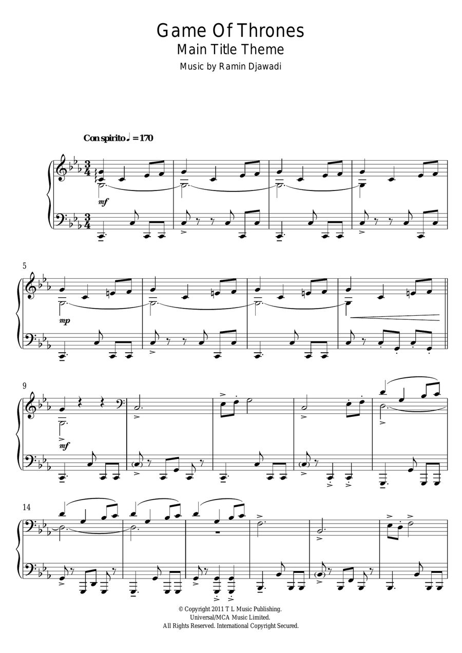 Game Of Thrones - Main Title Piano Solo scores gallery preview page 1
