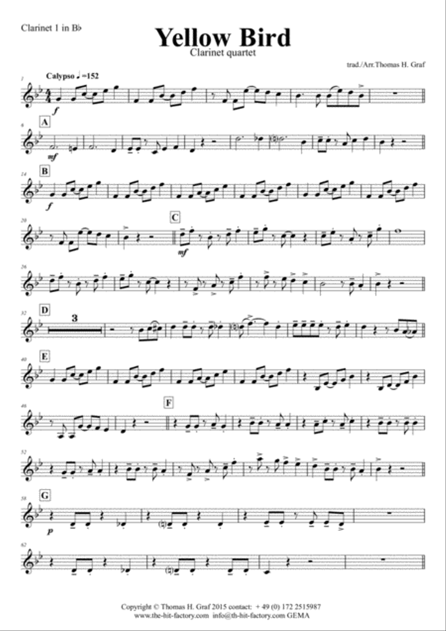 Yellow Bird - Haitian Folk Song - Calypso - Clarinet Quartet Clarinet Quartet scores gallery preview page 6