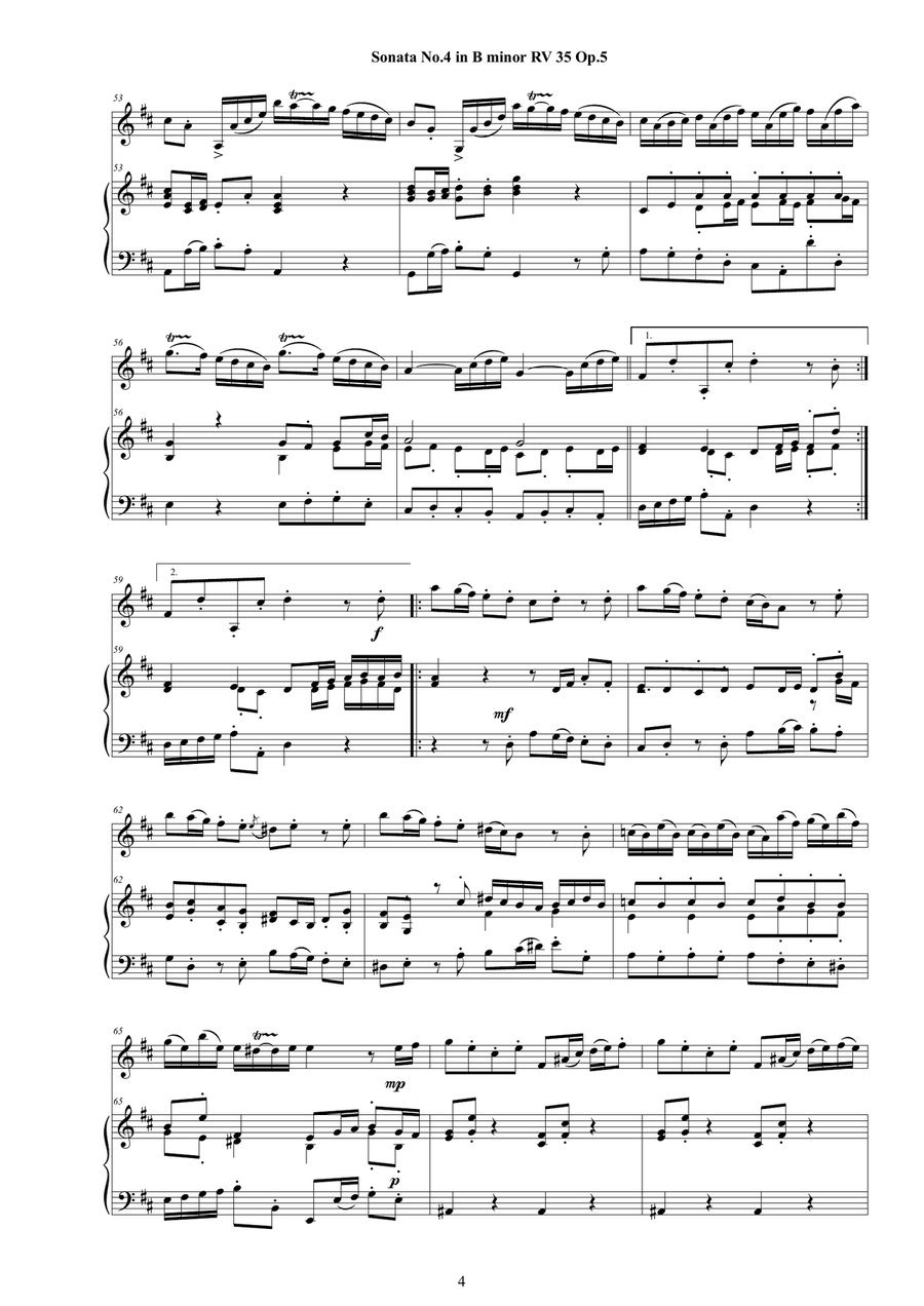 Vivaldi - Violin Sonata No. 4 in B minor RV 35 Op.5 for Violin and Cembalo (or Piano) String Duet scores gallery preview page 4