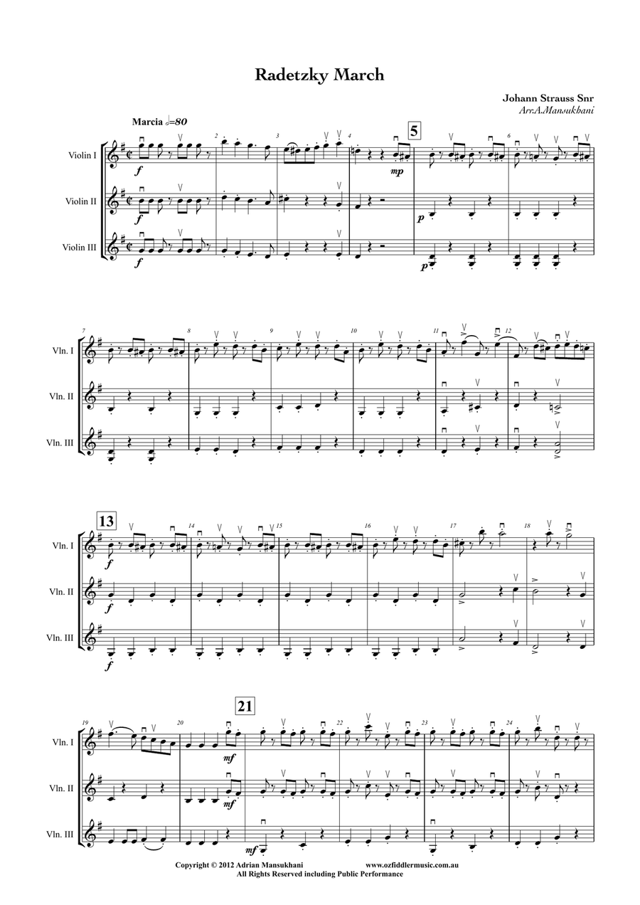 Radetzky March, by Johann Strauss Snr., arranged for Violin Trio by Adrian Mansukhani String Trio scores gallery preview page 2