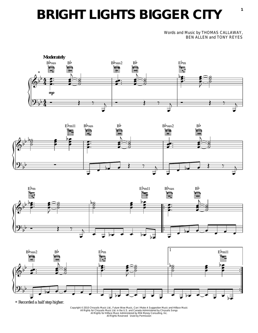 Bright Lights Bigger City Piano, Vocal, Guitar scores gallery preview page 1