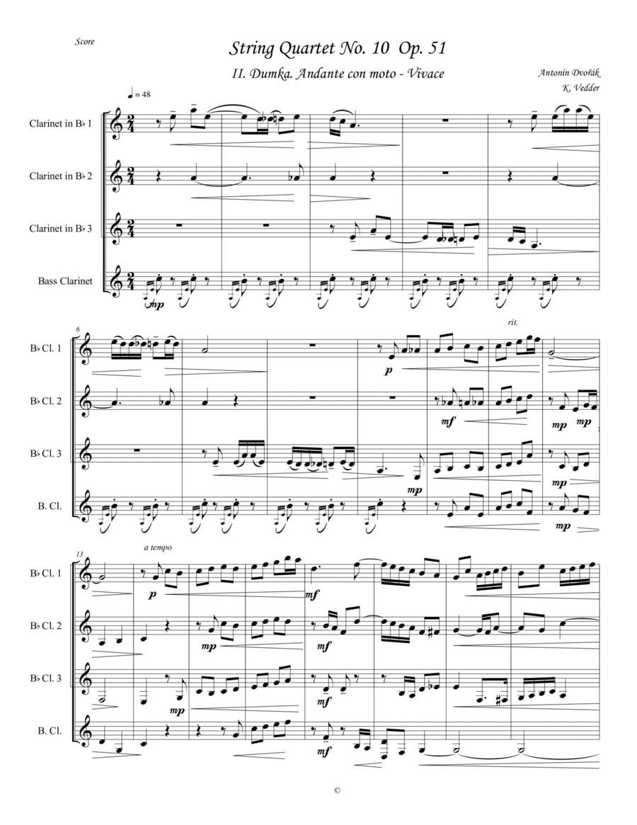 Dvořák - String Quartet No. 10 Movement 2 - Clarinet Quartet Clarinet Solo scores gallery preview page 1