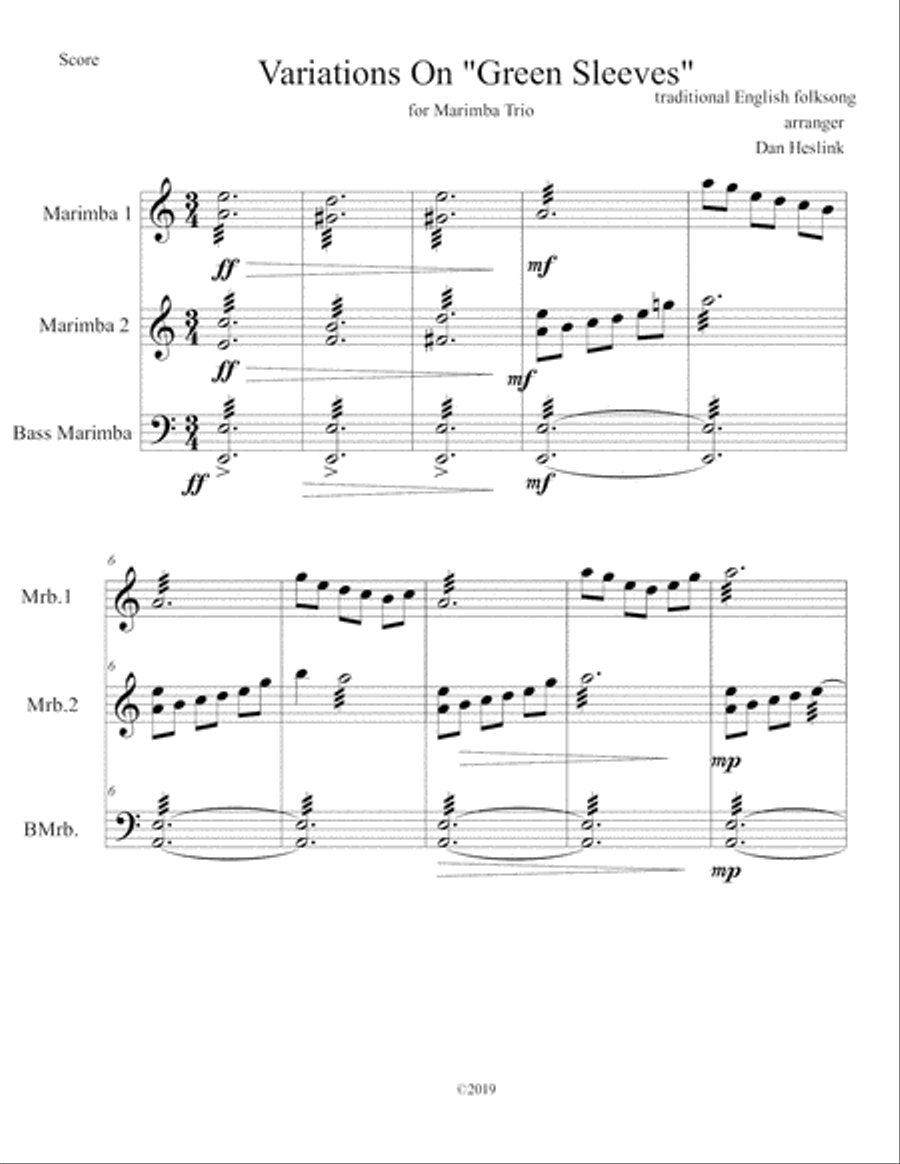 Variations on Green Sleeves for Marimba Trio Small Ensemble scores gallery preview page 2
