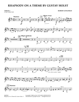 Book cover for Rhapsody On A Theme by Gustav Holst - Violin 3 (Viola Treble Clef)