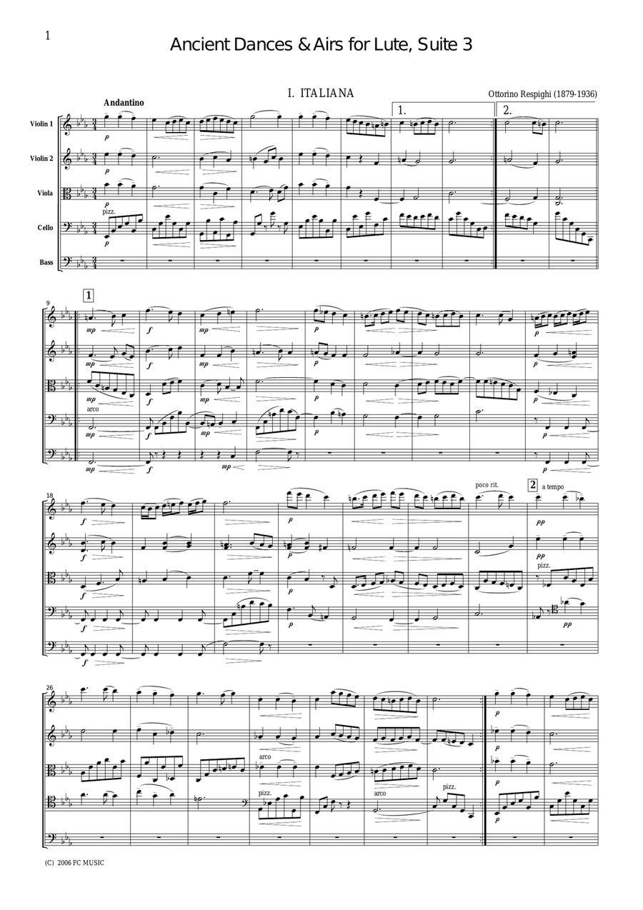 Respighi Ancient Airs and Dances Suite No.3, for string orchestra, SR010 String Quartet scores gallery preview page 1