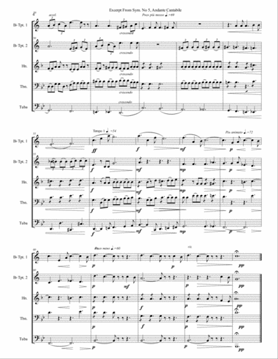 Excerpt from Andante Cantabile, Tchaikovsky Symphony. #5, for Brass Quintet Brass Quintet scores gallery preview page 5