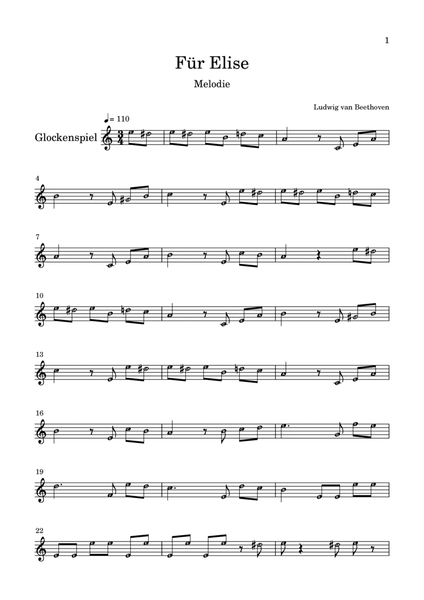 Ludwig van Beethoven's "Für Elise". Melody for chromatic glockenspiel