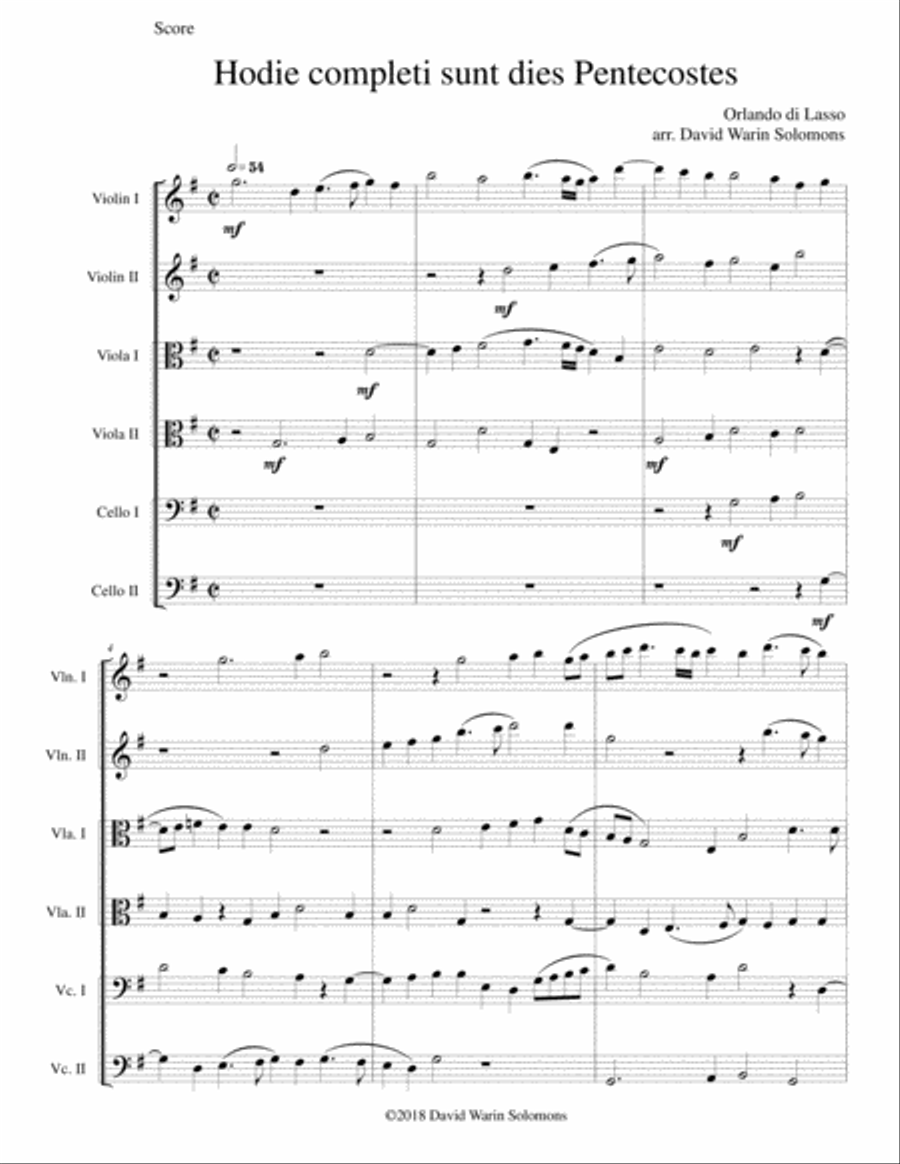 Hodie completi sunt by Orlando di Lasso for string sextet String Orchestra scores gallery preview page 1